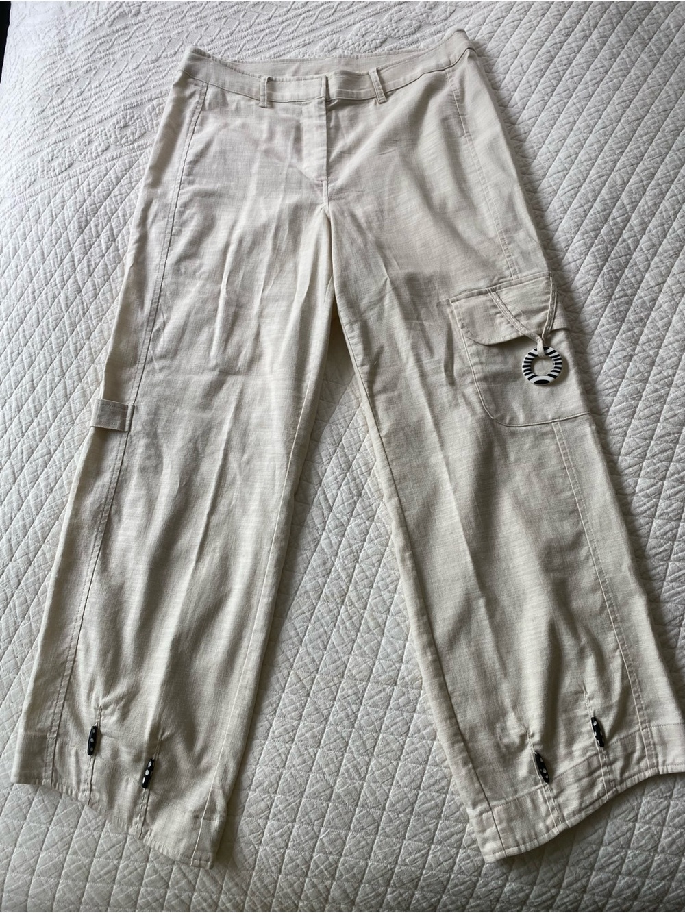 Zowy Boho Beaded Cream Cargo Cotton Blend Pants Granola Festival Earthy Coastal